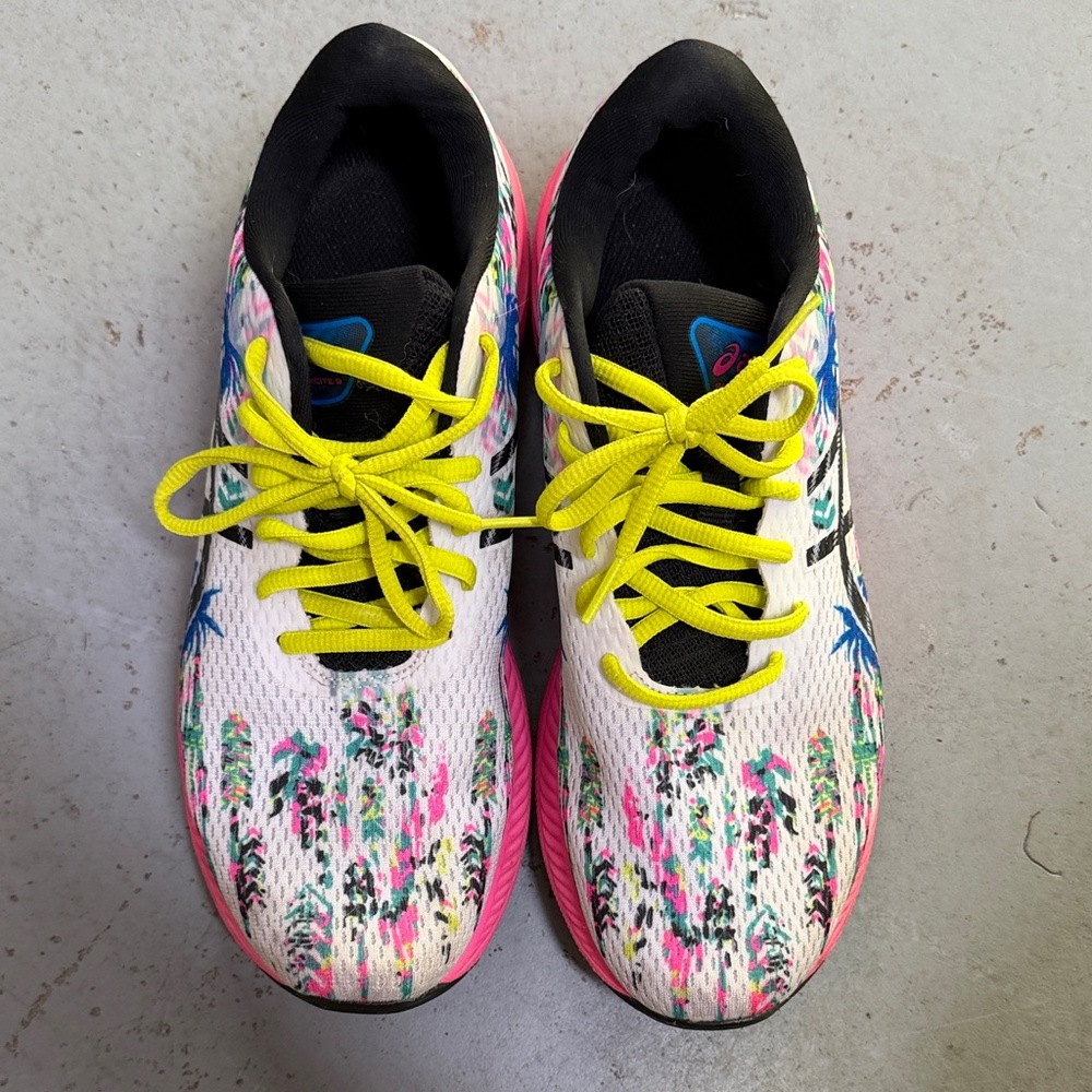 Women's White Multi Floral Running Shoes with Neon Yellow Laces